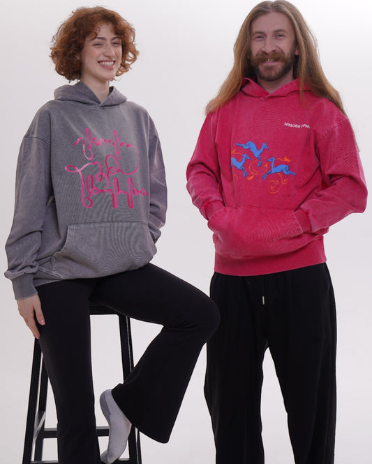 სვიტერი - იცხოვრე შენი ცხოვრებით - ბამბა, Acid-Washed - ნაცრისფერი - წითელი