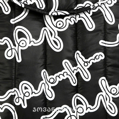Close-up of Live Your Own Life Georgian lettering print on black padded laptop sleeve
