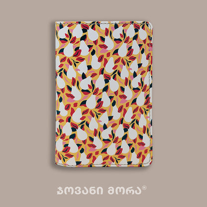 Folded yellow and white vegan leather passport holder with Pears print by Giovanni Morra