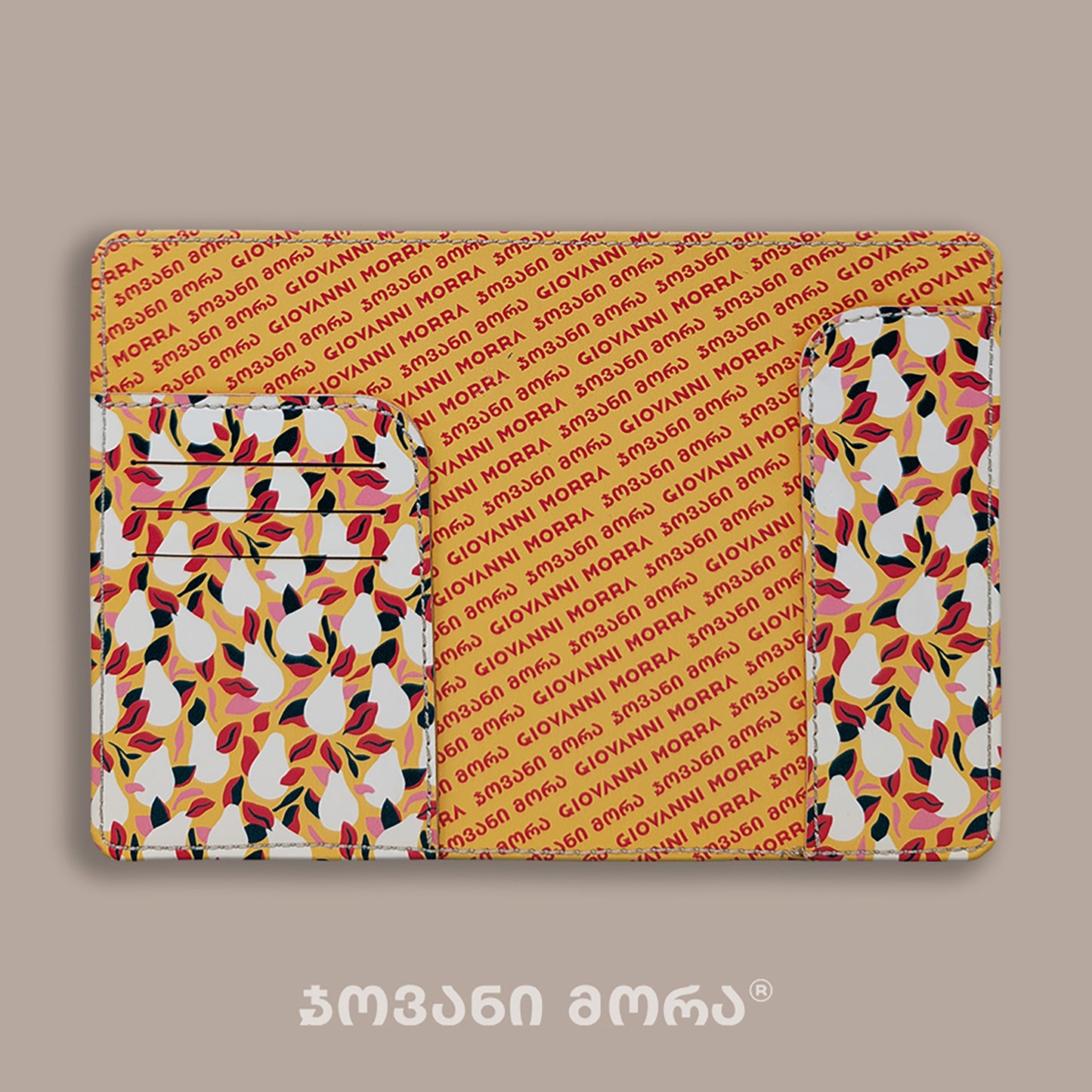 Inside view of yellow and white Pears passport holder by Giovanni Morra
