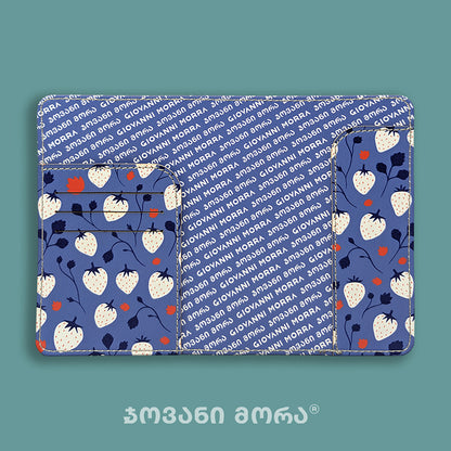 Blue and white vegan leather passport holder with Strawberries print from inside by Giovanni Morra