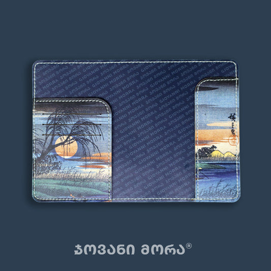 Blue vegan leather passport holder with Japanese Moon print based on Hiroshige’s Full Moon at Seba