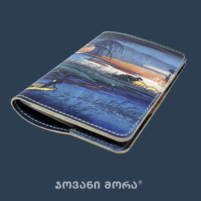 Blue vegan leather passport holder with Japanese Moon print based on Hiroshige’s Full Moon at Seba